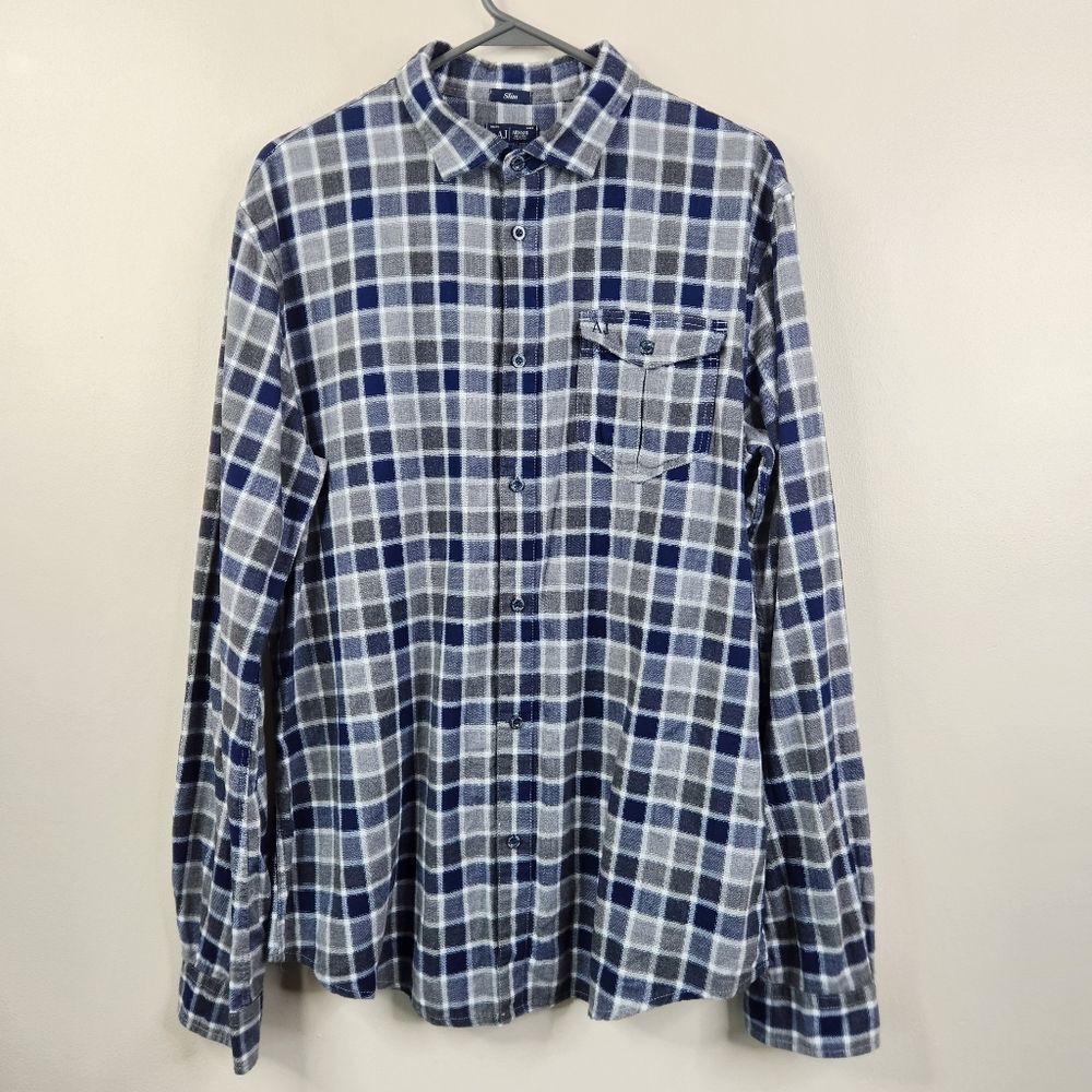 Armani Jeans Mens Slim Fit Checkered Plaid Long Sleeve Monogram Button Down XL